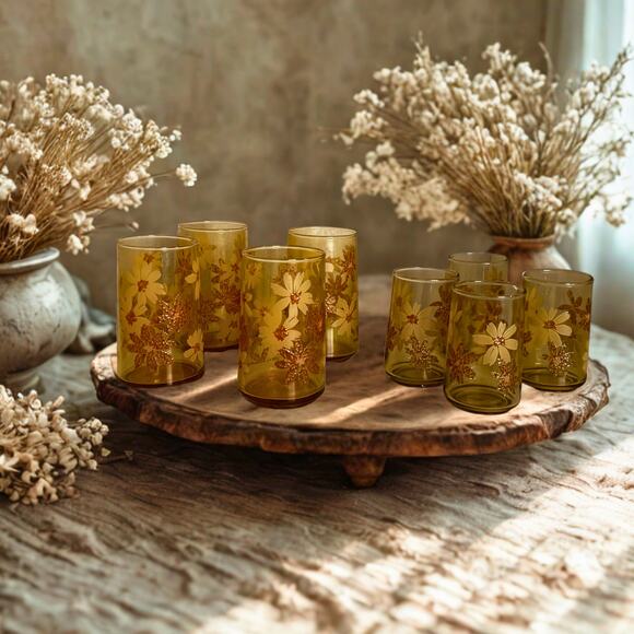 Vintage Amber Floral Glass Set – 8 Mixed-Size Daisy Tumblers 1970s - Picture 13 of 14